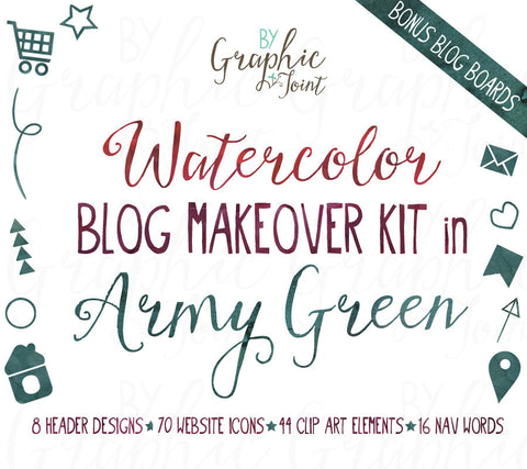 Watercolor Web Graphics Kit - Army Green - Blog Icons, Clipart & Banners