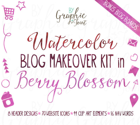 Watercolor Web Graphics Kit - Berry Blossom - Blog Icons, Clipart & Banners