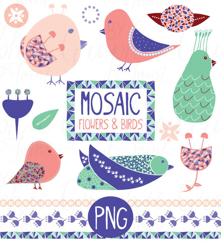 Vector Graphics - Clipart - Icons - Mosaic Flowers + Birds - Photoshop Brushes - Personal and One Commercial Use