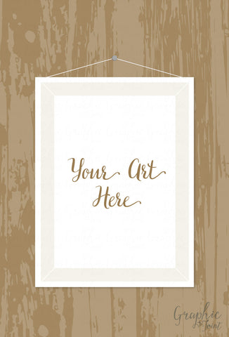 Mock Up Template - Art Print Mockup - Brown Wood Background / Wallpaper w/ Hanging Frame