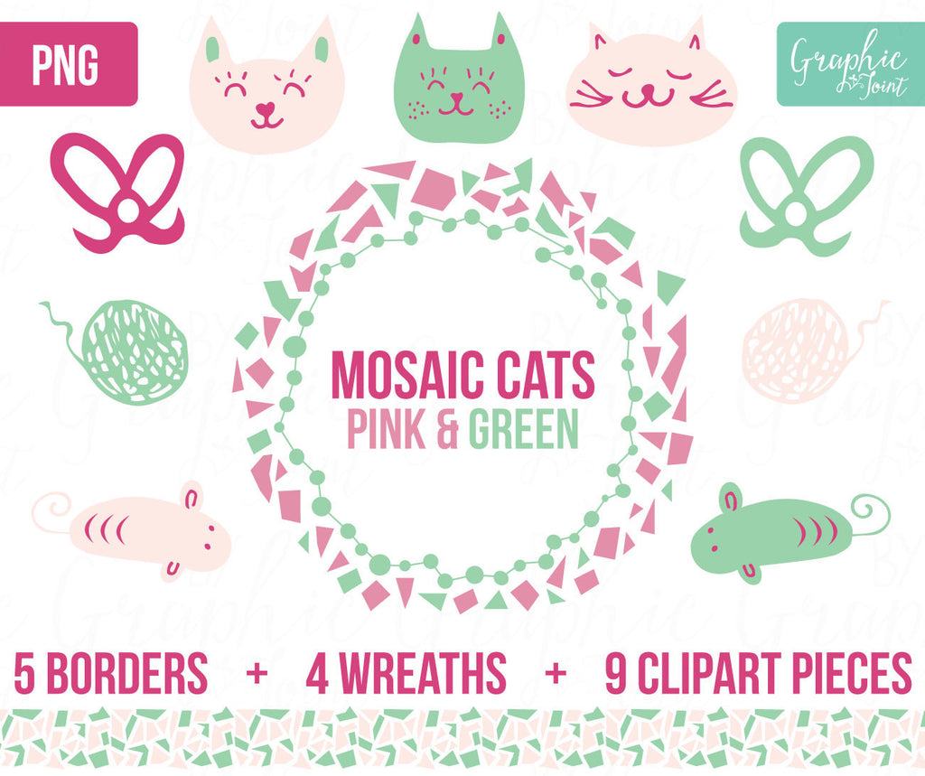 Cat & Mouse Clipart - Yarn Bows Wreaths Borders Graphics + Photoshop Brushes - Pink + Green - Personal and One Commercial Use