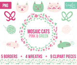 Vector Graphics - Cat & Mouse Clipart - Yarn Bows Wreaths Borders + Photoshop Brushes - Pink + Green - Personal and One Commercial Use