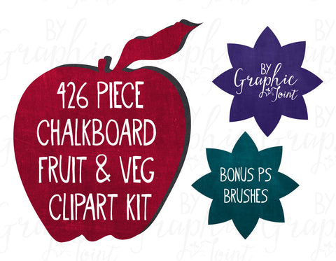 Chalkboard Fruit + Veggie Clipart - Designer Graphics Kit - 426 pcs. + Photoshop Brushes - Personal & One Commercial Use