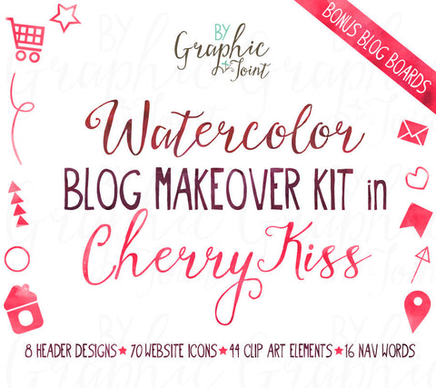 Watercolor Web Graphics Kit - Cherry Kiss - Blog Icons, Clipart & Banners