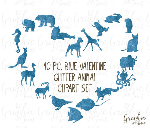 Animal Clipart + Photoshop Brushes - Glitter Blue Valentine + Glitter Heart Badges - Personal and One Commercial Use