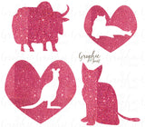 Animal Clipart + Photoshop Brushes - Glitter Pink Valentine + Glitter Heart Badges - Personal and One Commercial Use