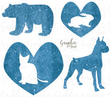 Animal Clipart + Photoshop Brushes - Glitter Blue Valentine + Glitter Heart Badges - Personal and One Commercial Use