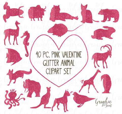 Animal Clipart + Photoshop Brushes - Glitter Pink Valentine + Glitter Heart Badges - Personal and One Commercial Use