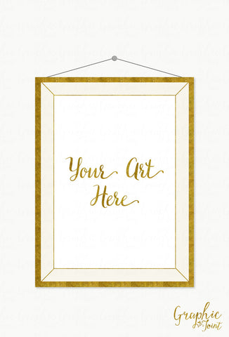 Mock Up Template - Gold Glitter Frame - Art Print Mockup w/ Hanging Frame