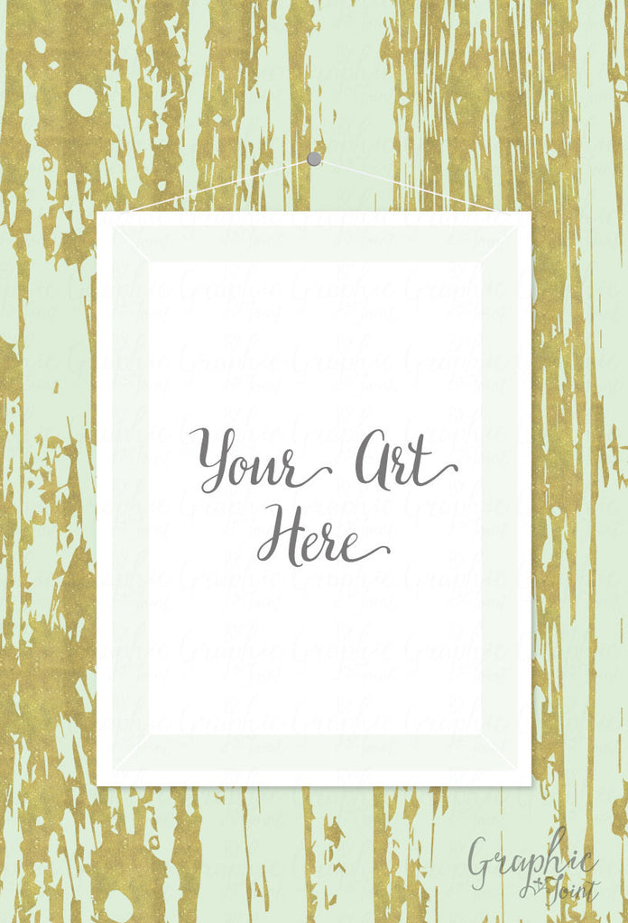 Mock Up Template - Gold Glitter Wood & Mint Background - Art Print Mockup - Wallpaper w/ Hanging Frame