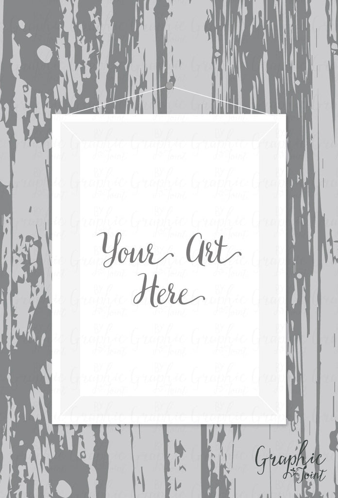 Mock Up Template - Art Print Mockup - Gray Wood Background / Wallpaper w/ Hanging Frame