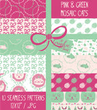 Mosaic Cats + Mice - Vector Patterns - Seamless Digital Paper Pack - Green Yarn, Pink Bow - Blog Background