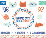 Vector Graphics - Cat & Mouse Clipart - Yarn Bows Wreaths Borders + Photoshop Brushes - Orange + Blue - Personal and One Commercial Use