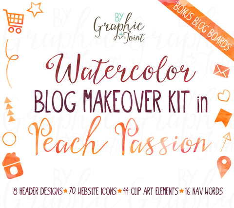 Watercolor Web Graphics Kit - Peach Passion - Blog Icons, Clipart & Banners