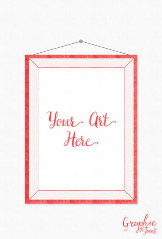 Mock Up Template - Red Glitter Frame - Art Print Mockup w/ Hanging Frame