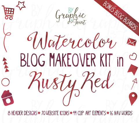 Watercolor Web Graphics Kit - Rusty Red - Blog Icons, Clipart & Banners