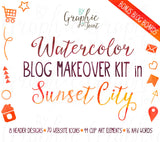 Watercolor Web Graphics Kit - Sunset City - Blog Icons, Clipart & Banners