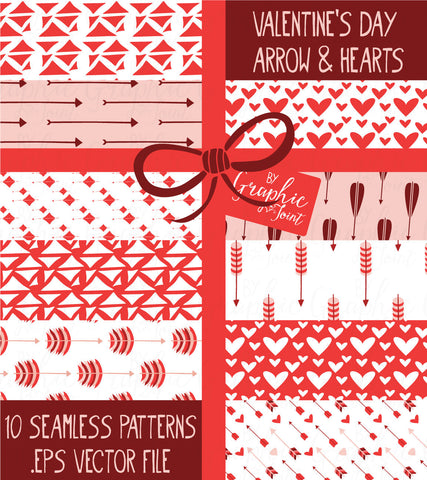 Vector Patterns - Valentine's Day Arrows + Hearts - Seamless Digital Paper Pack in Pink, Red, Burgundy