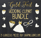 Wedding Clipart Bundle of 25 Pcs. + Photoshop Brushes - Hand-Drawn Graphics - White, Peach + Gold Foil - Personal & One Commercial Use