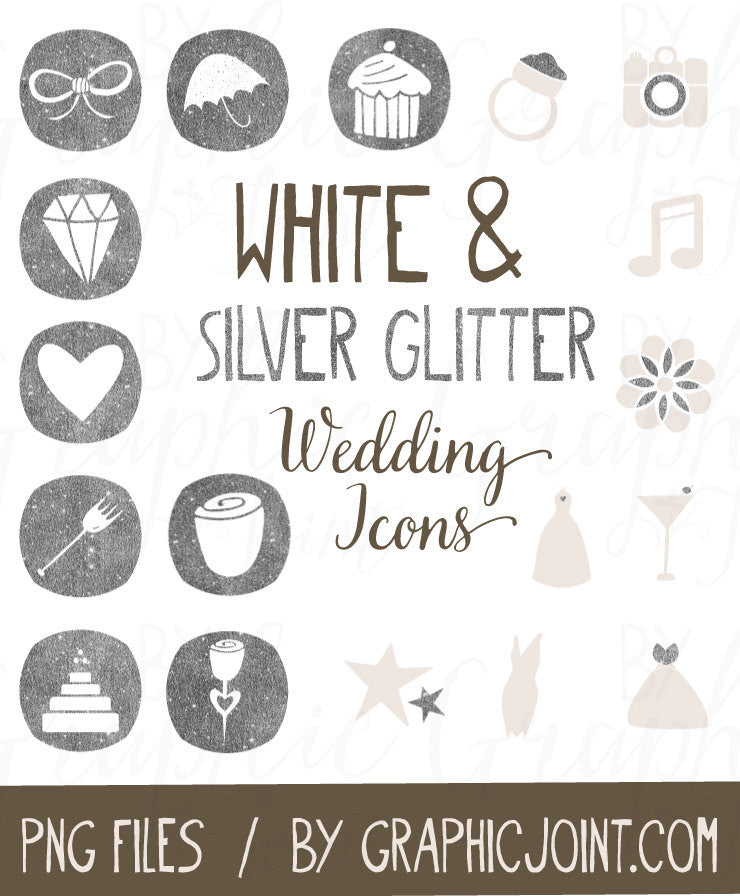 Wedding Website Icons - Set of 50 Hand-Drawn Web Graphics / Clipart - In White & Silver Glitter