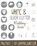 Wedding Website Icons - Set of 50 Hand-Drawn Web Graphics / Clipart - In White & Silver Glitter