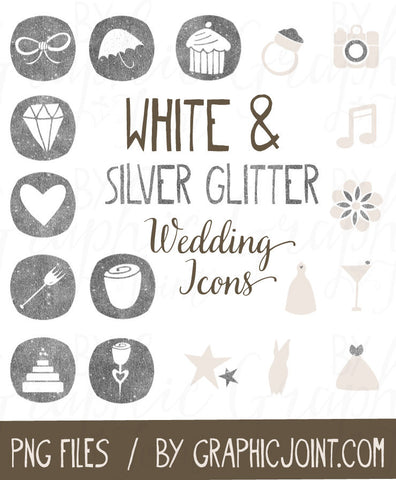 Wedding Website Icons - Set of 50 Hand-Drawn Web Graphics / Clipart - In White & Silver Glitter