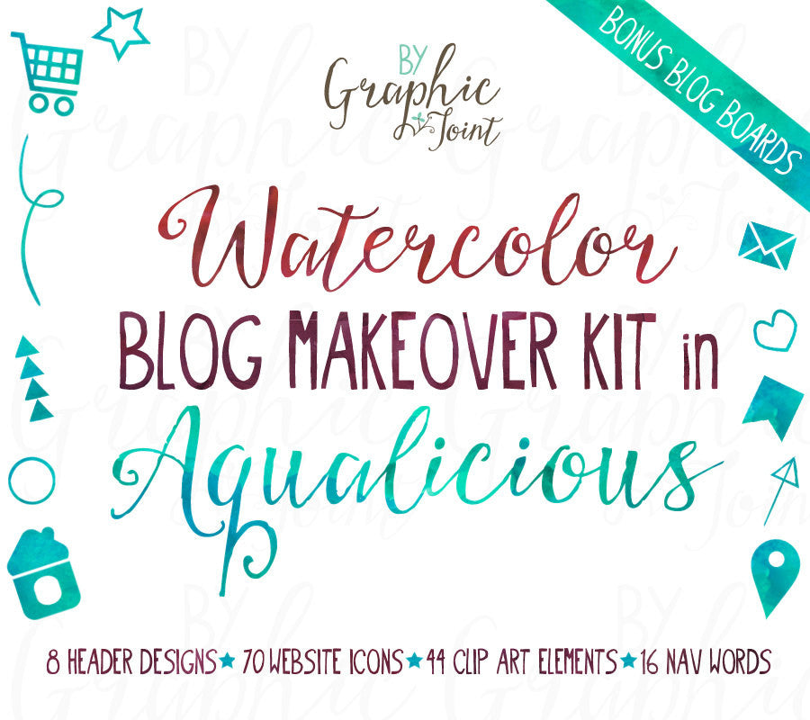 Watercolor Web Graphics Kit - Aqualicious - Blog Icons, Clipart & Banners