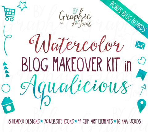 Watercolor Web Graphics Kit - Aqualicious - Blog Icons, Clipart & Banners