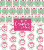 Mosaic Cats + Mice - Vector Patterns - Seamless Digital Paper Pack - Green Yarn, Pink Bow - Blog Background