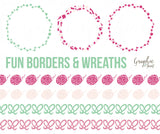 Vector Graphics - Cat & Mouse Clipart - Yarn Bows Wreaths Borders + Photoshop Brushes - Pink + Green - Personal and One Commercial Use