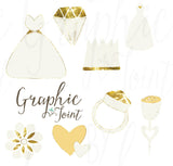 Wedding Clipart 2 + Photoshop Brushes - Hand-Drawn Graphics - White, Peach + Gold Foil - Personal & One Commercial Use