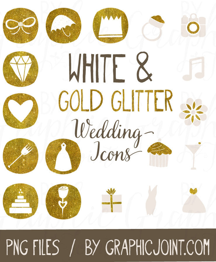 Wedding Website Icons - Set of 50 Hand-Drawn Web Graphics / Clipart - In White & Gold Glitter