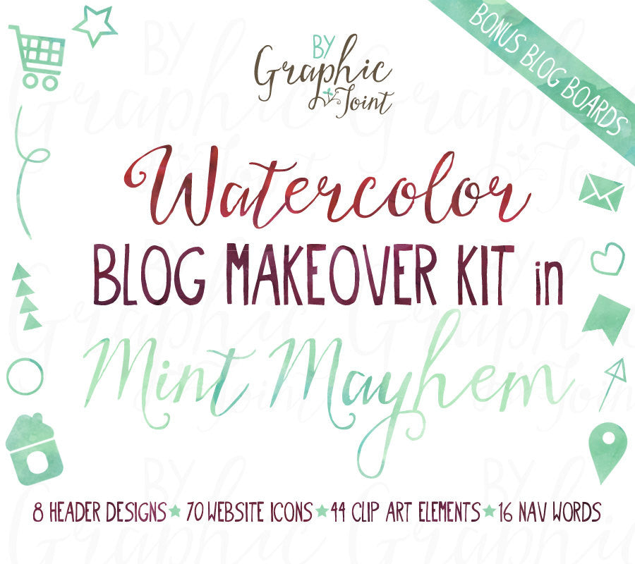 Watercolor Web Graphics Kit - Mint Mayhem - Blog Icons, Clipart & Banners