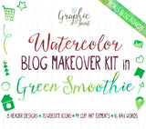 Watercolor Web Graphics Kit - Green Smoothie - Blog Icons, Clipart & Banners