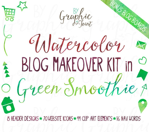 Watercolor Web Graphics Kit - Green Smoothie - Blog Icons, Clipart & Banners