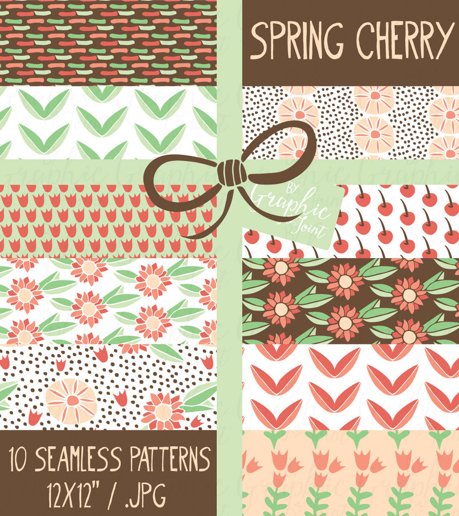 10 Seamless Patterns - Digital Paper Pack - Spring Cherry + Flower Patterns - Brown, Peach, Pink, Green - Clipart Papers