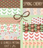 Vector Patterns - Seamless Digital Paper Pack - Spring Cherry + Flower Patterns - Pink, Green, Brown, Peach - Clipart Papers