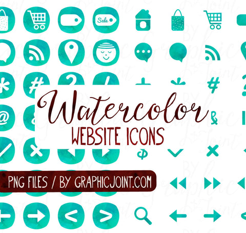 Watercolor Web Icons - Set of 70 Web / Blog / Social Graphics / Clipart / Icons - In Aqualicious