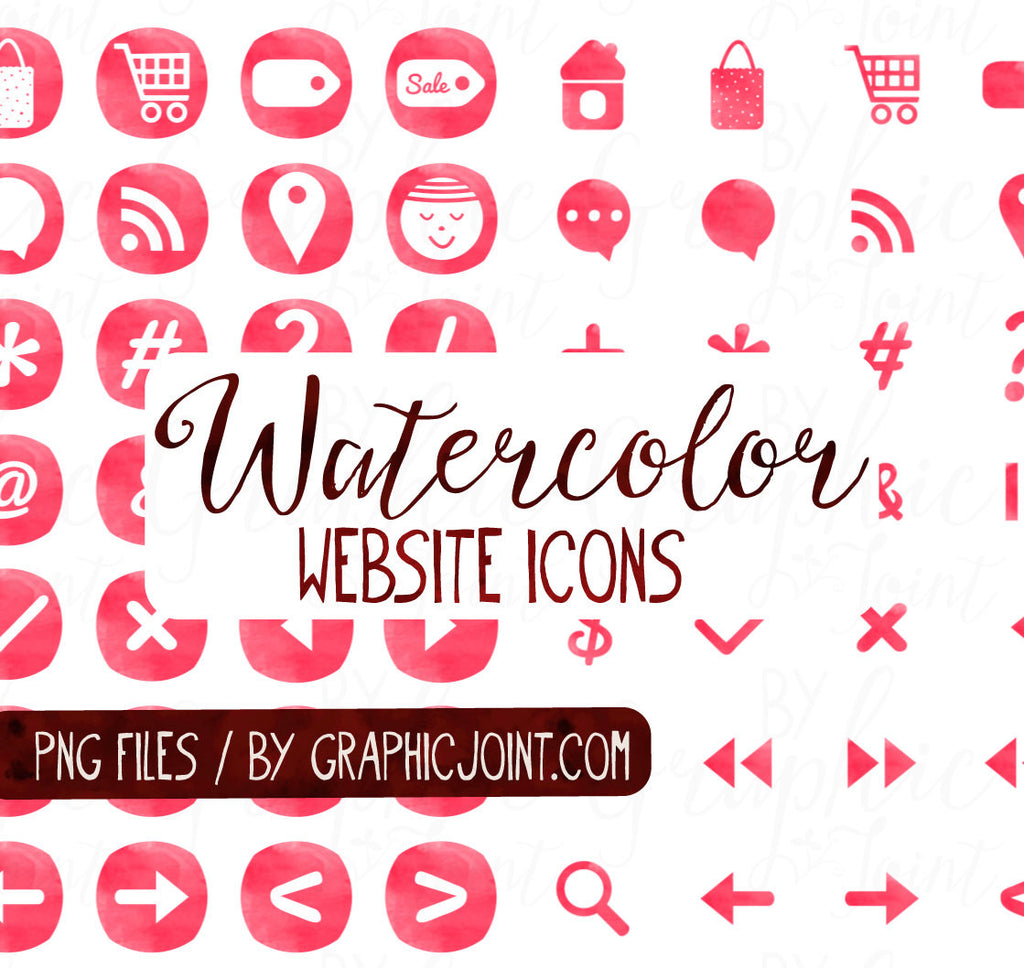 Watercolor Web Icons - Set of 70 Web / Blog / Social Graphics / Clipart / Icons - In Cherry Kiss